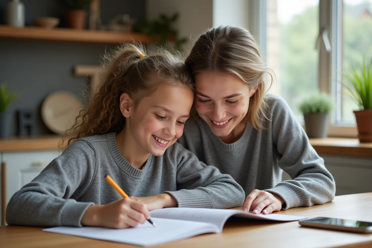 Mère aidant sa fille avec les devoirs, application de contrôle parental visible sur smartphone, ambiance cuisine chaleureuse