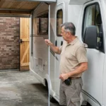 Homme mesurant la hauteur de l'ouverture de porte de garage pour un camping-car avec un mètre ruban métallique
