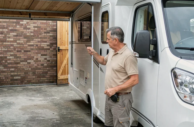 Homme mesurant la hauteur de l'ouverture de porte de garage pour un camping-car avec un mètre ruban métallique