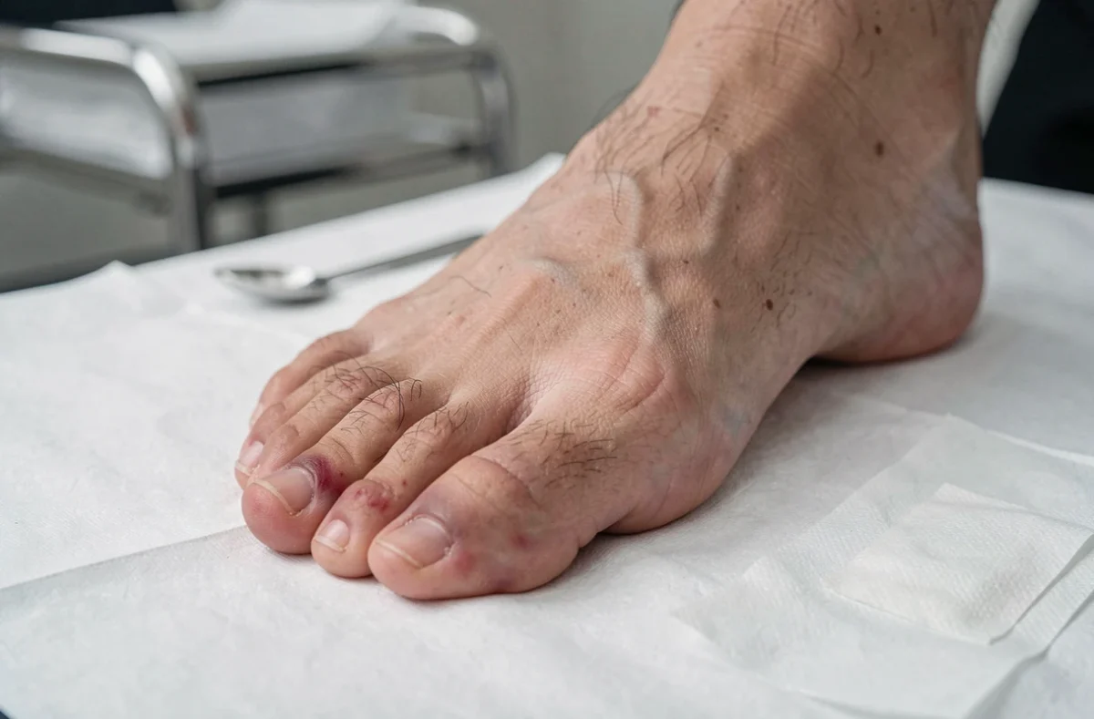Gros orteil présentant un ongle incarné avec rougeur légère sur table d'examen médicale