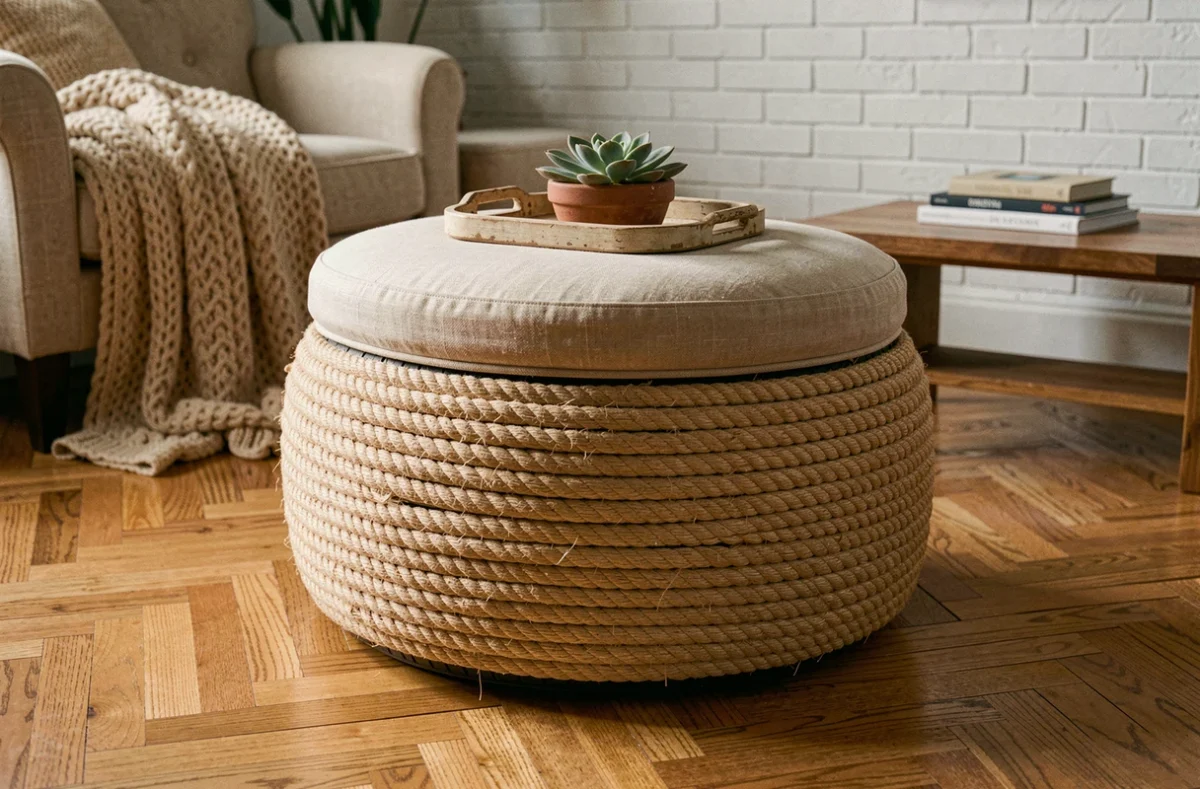 Ottomane faite d'un pneu de voiture gainé de corde en sisal naturel avec un coussin en lin posé dessus dans un salon