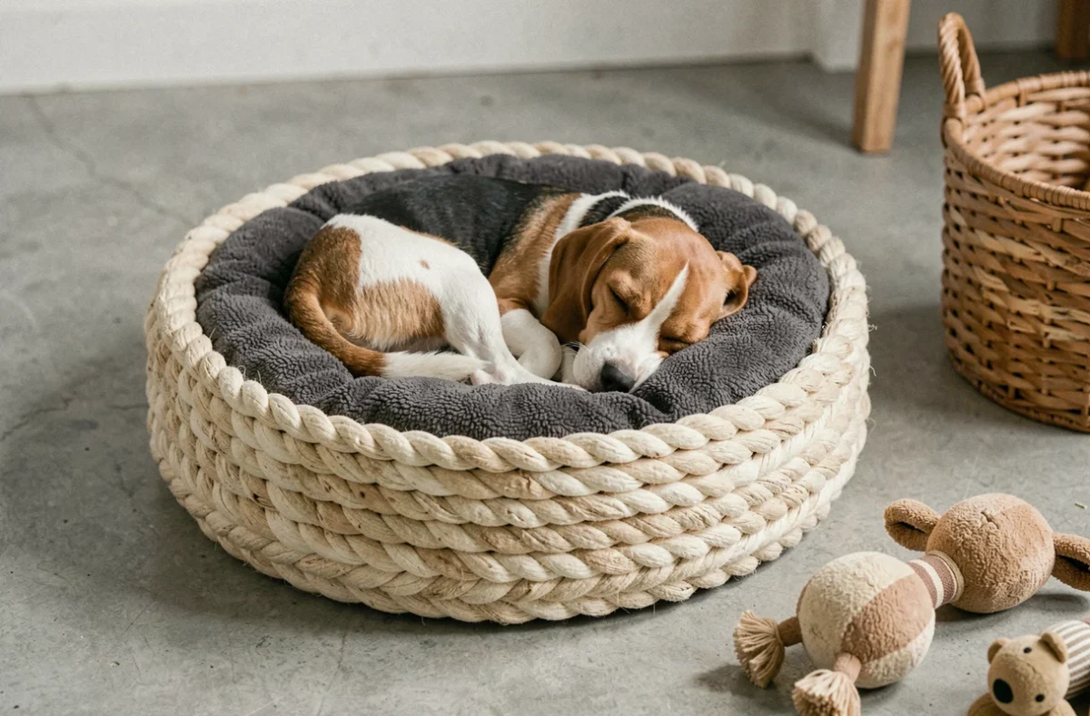 Panier pour chien fabriqué à partir d'un pneu gainé de corde tressée crème avec un coussin en sherpa gris, un beagle endormi à l'intérieur