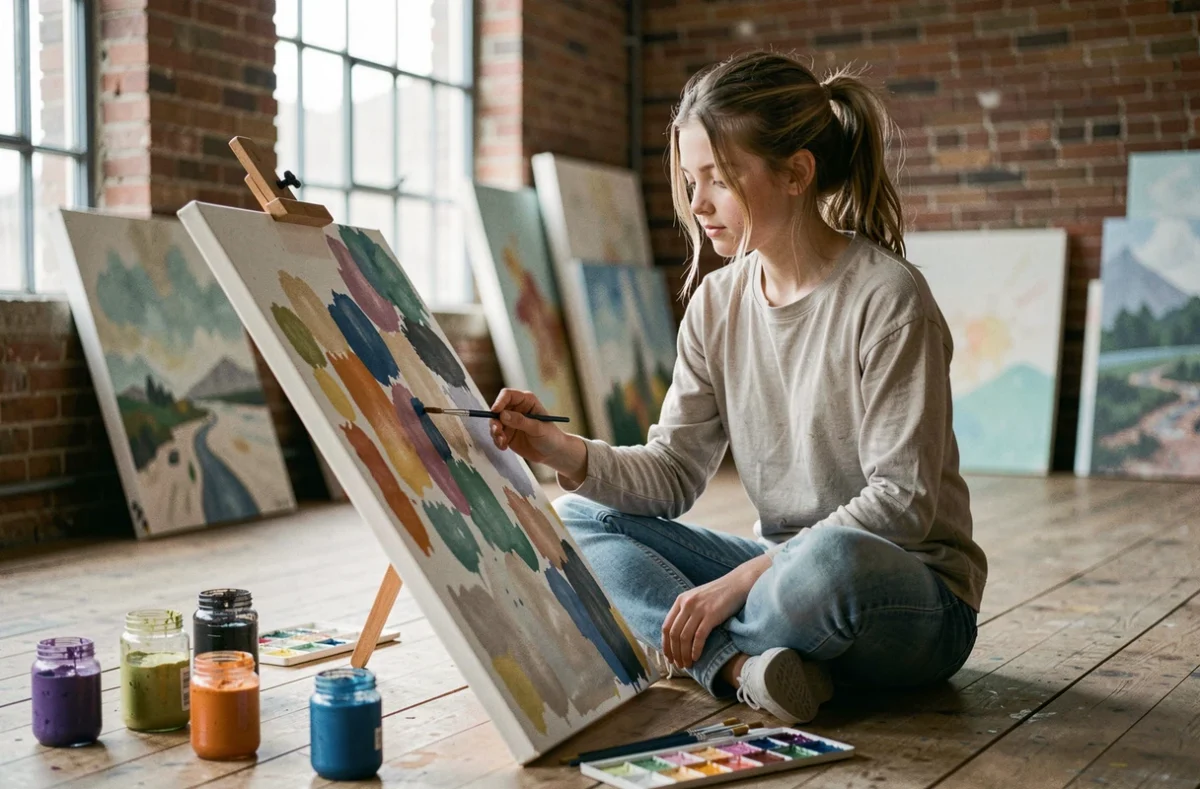 Adolescente peignant à l'aquarelle dans un atelier communautaire aux murs de briques apparentes