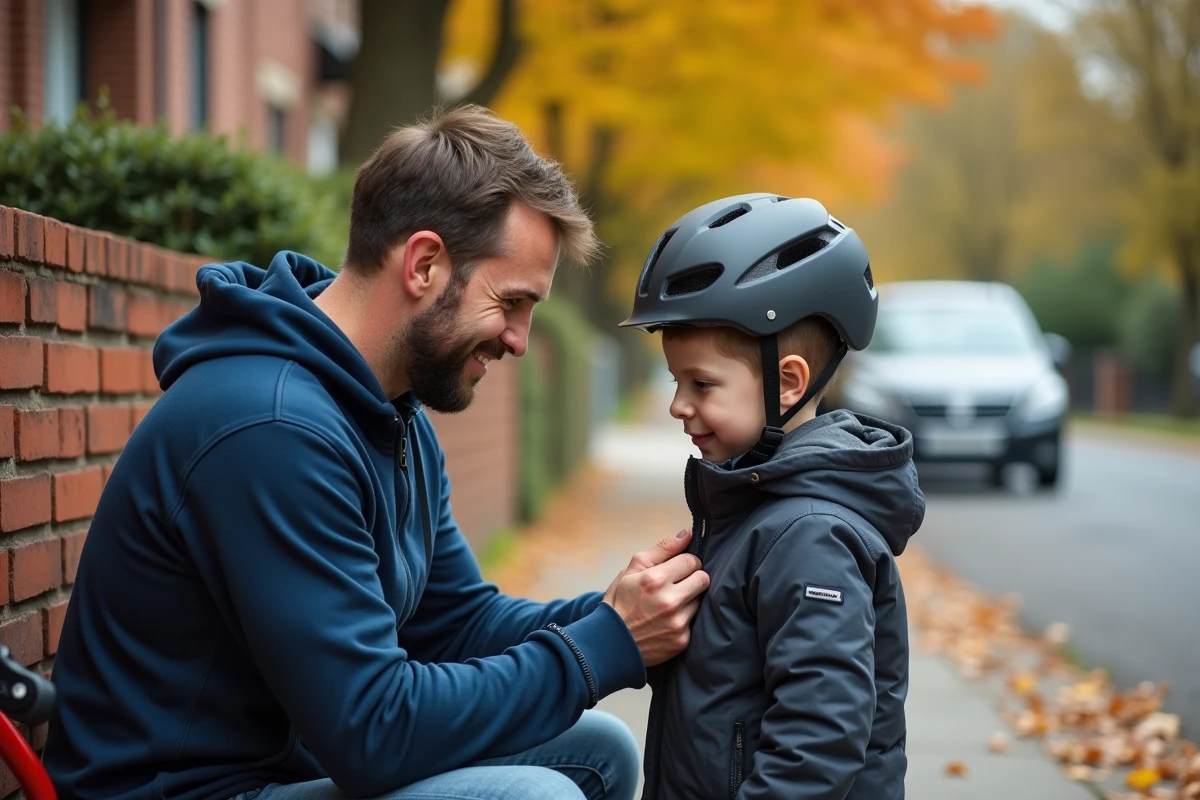 Père aidant son fils à attacher son casque de vélo sur un trottoir résidentiel en automne