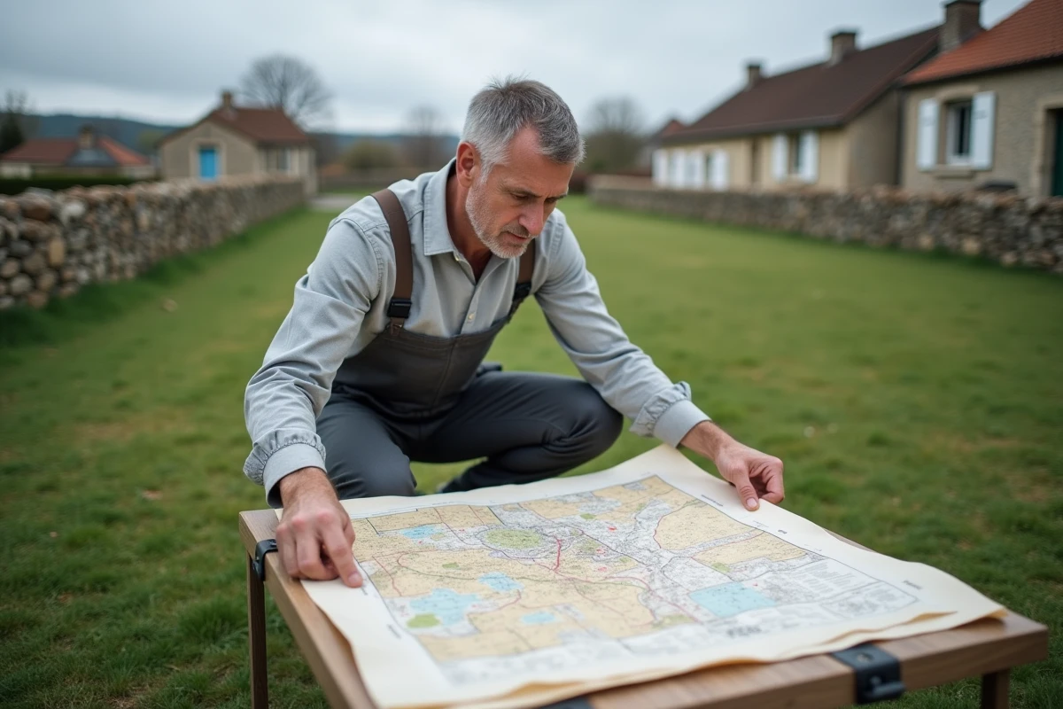 Un homme examine un plan cadastral sur un terrain communal en milieu rural
