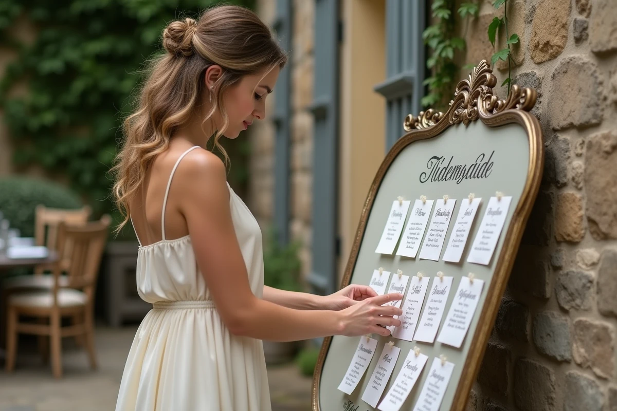Demoiselle d'honneur arrangeant des cartons de placement calligraphiés sur un présentoir miroir vintage dans une cour de château en pierre pour une décoration de mariage élégante
