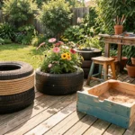 Vue d'ensemble d'un atelier DIY en jardin avec des pneus recyclés transformés en meubles et objets décoratifs variés
