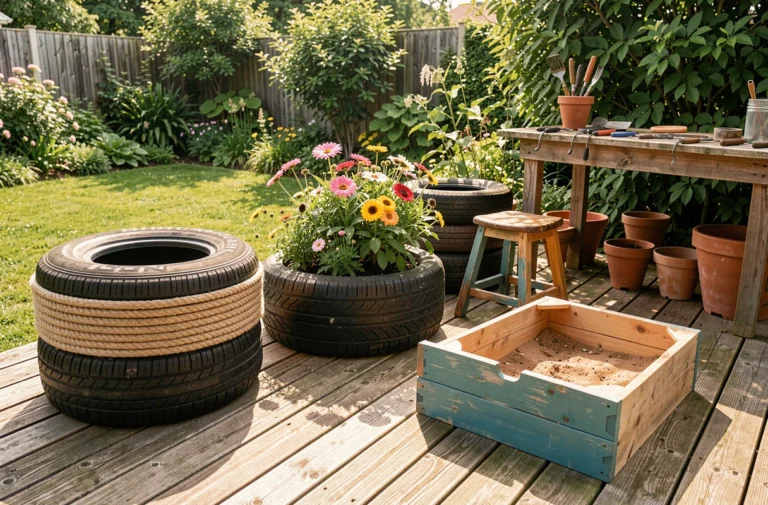 Vue d'ensemble d'un atelier DIY en jardin avec des pneus recyclés transformés en meubles et objets décoratifs variés
