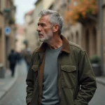 Portrait éditorial d'un homme grand et élancé aux traits expressifs et cheveux poivre et sel dans une rue pavée européenne