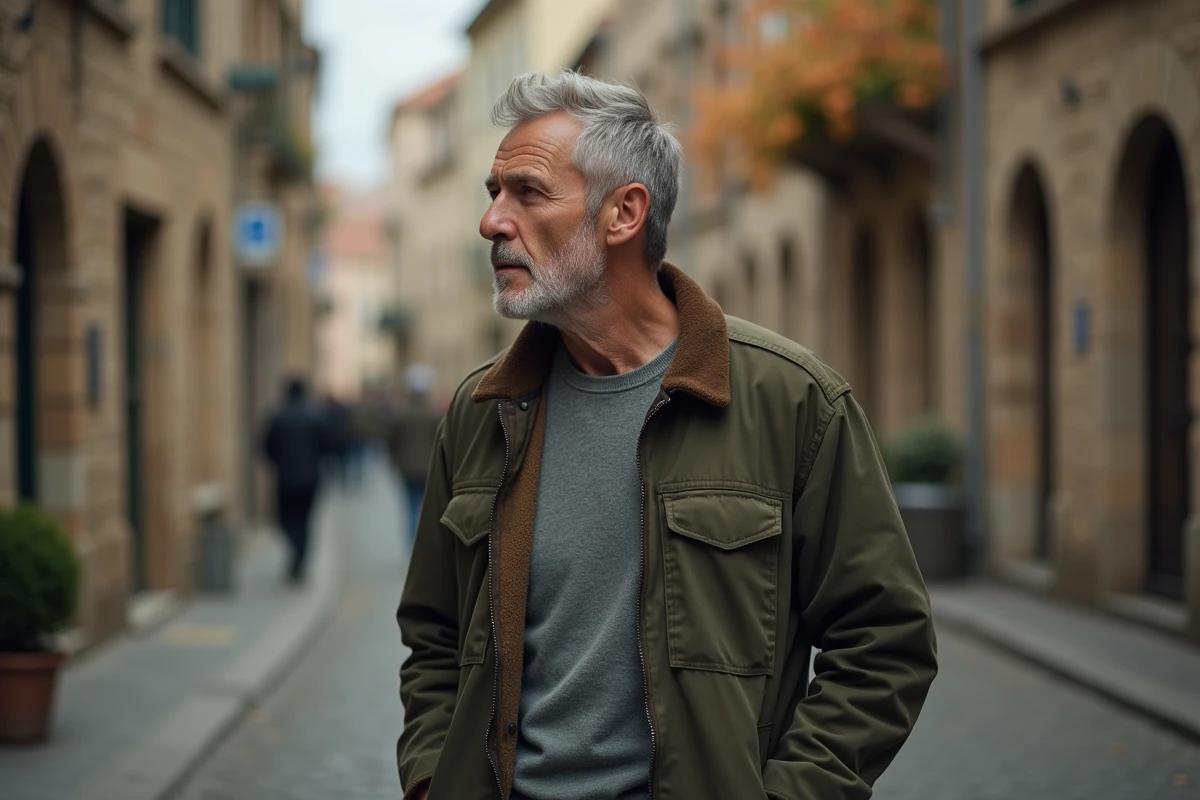 Portrait éditorial d'un homme grand et élancé aux traits expressifs et cheveux poivre et sel dans une rue pavée européenne