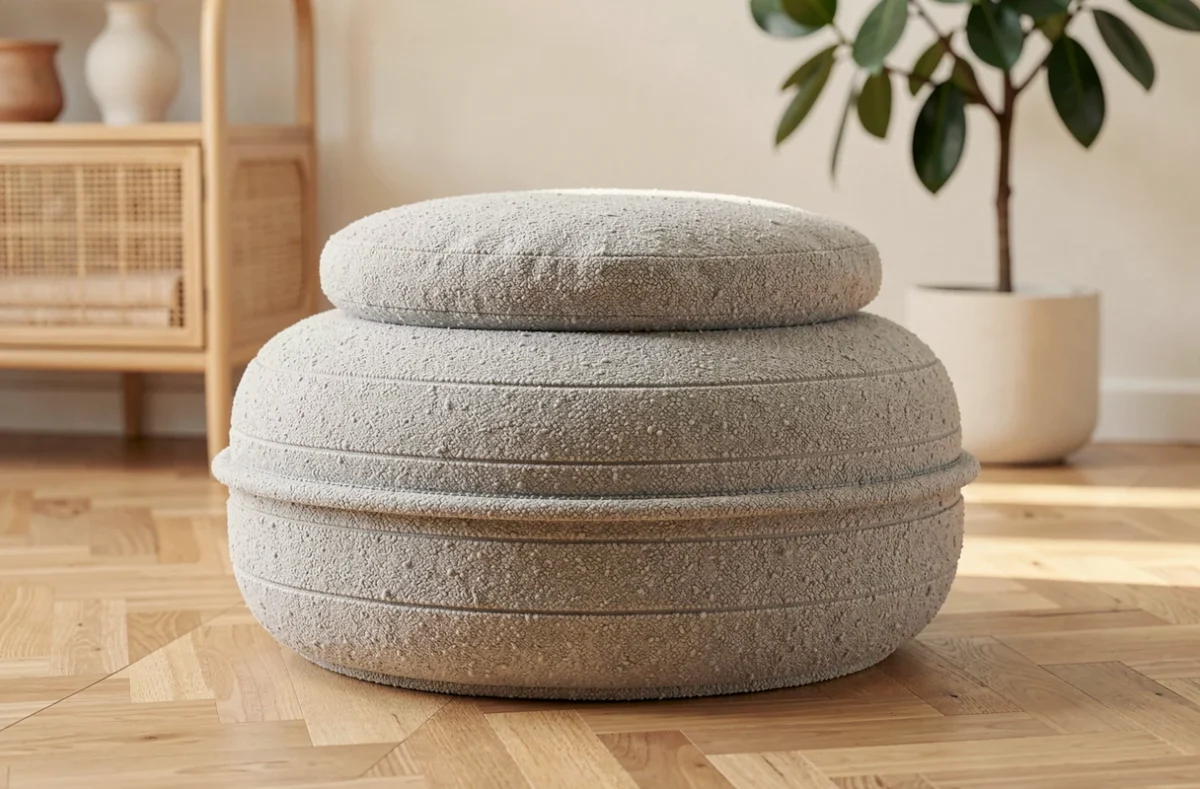 Pouf d'intérieur rembourré en mousse haute densité recouvert d'un tissu bouclé gris colombin, fabriqué à partir d'un pneu de voiture sur un parquet en chêne clair