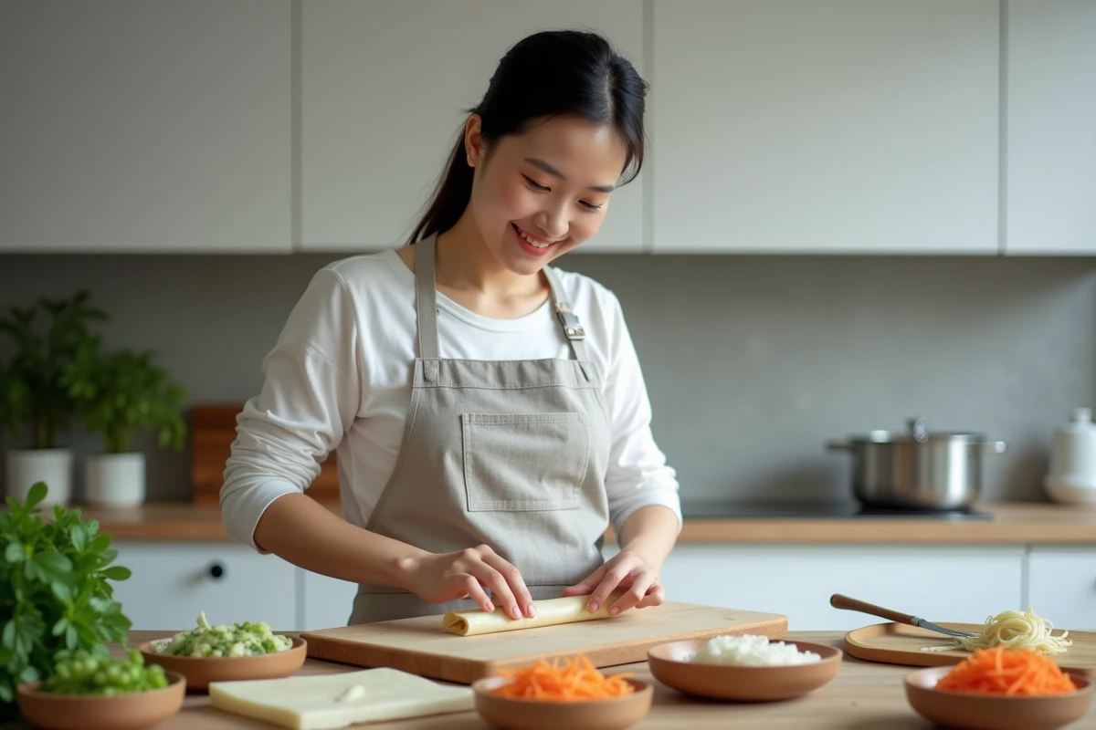 Femme préparant des nems maison avec des ingrédients frais dans une cuisine moderne