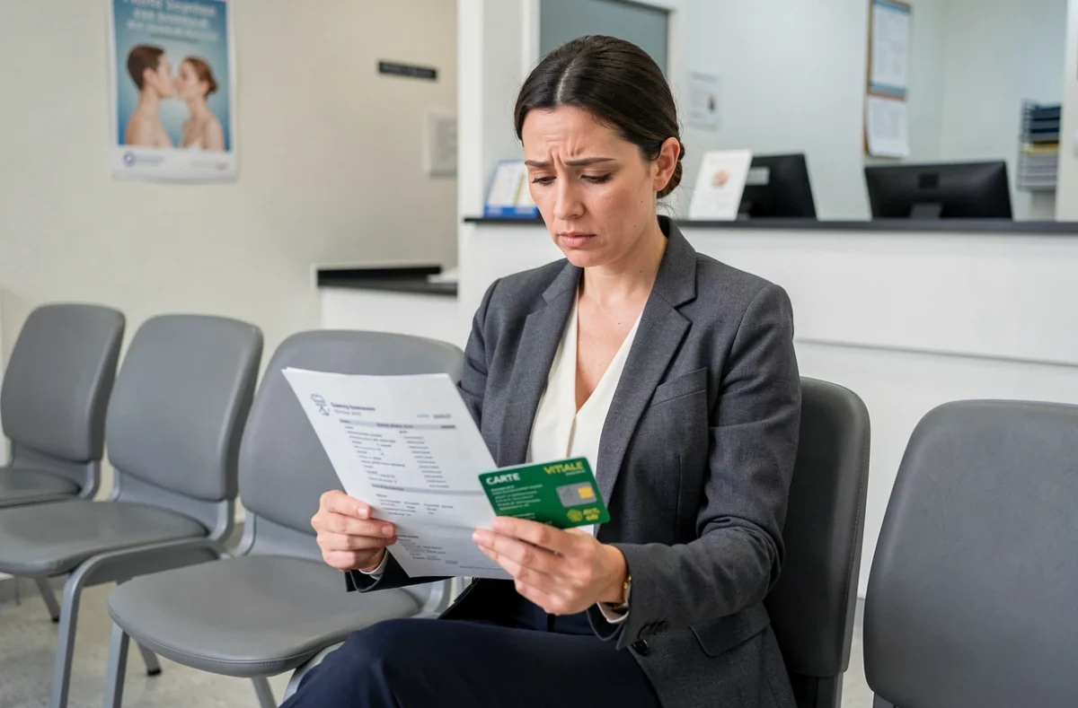 Femme consultant un formulaire de remboursement de soins avec sa carte Vitale dans une salle d'attente médicale
