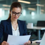 Responsable RH relisant une note de service imprimée dans un bureau d'entreprise moderne