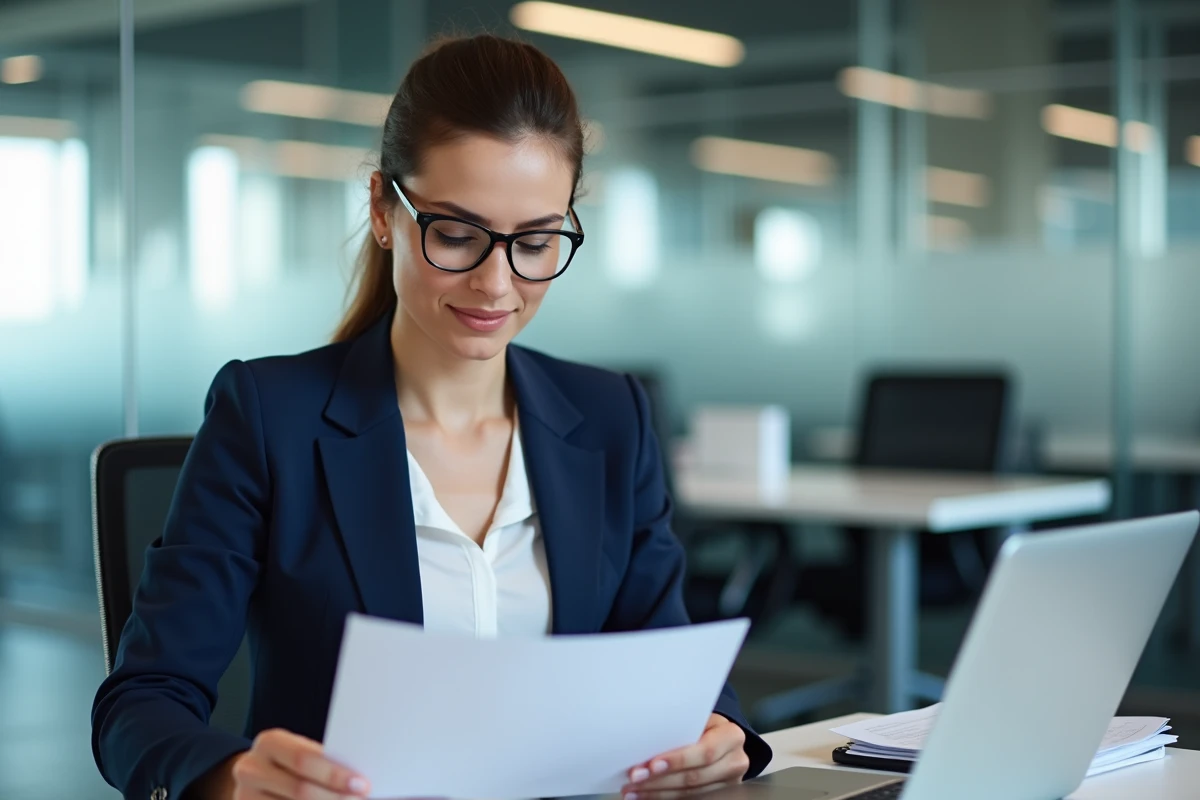 Responsable RH relisant une note de service imprimée dans un bureau d'entreprise moderne
