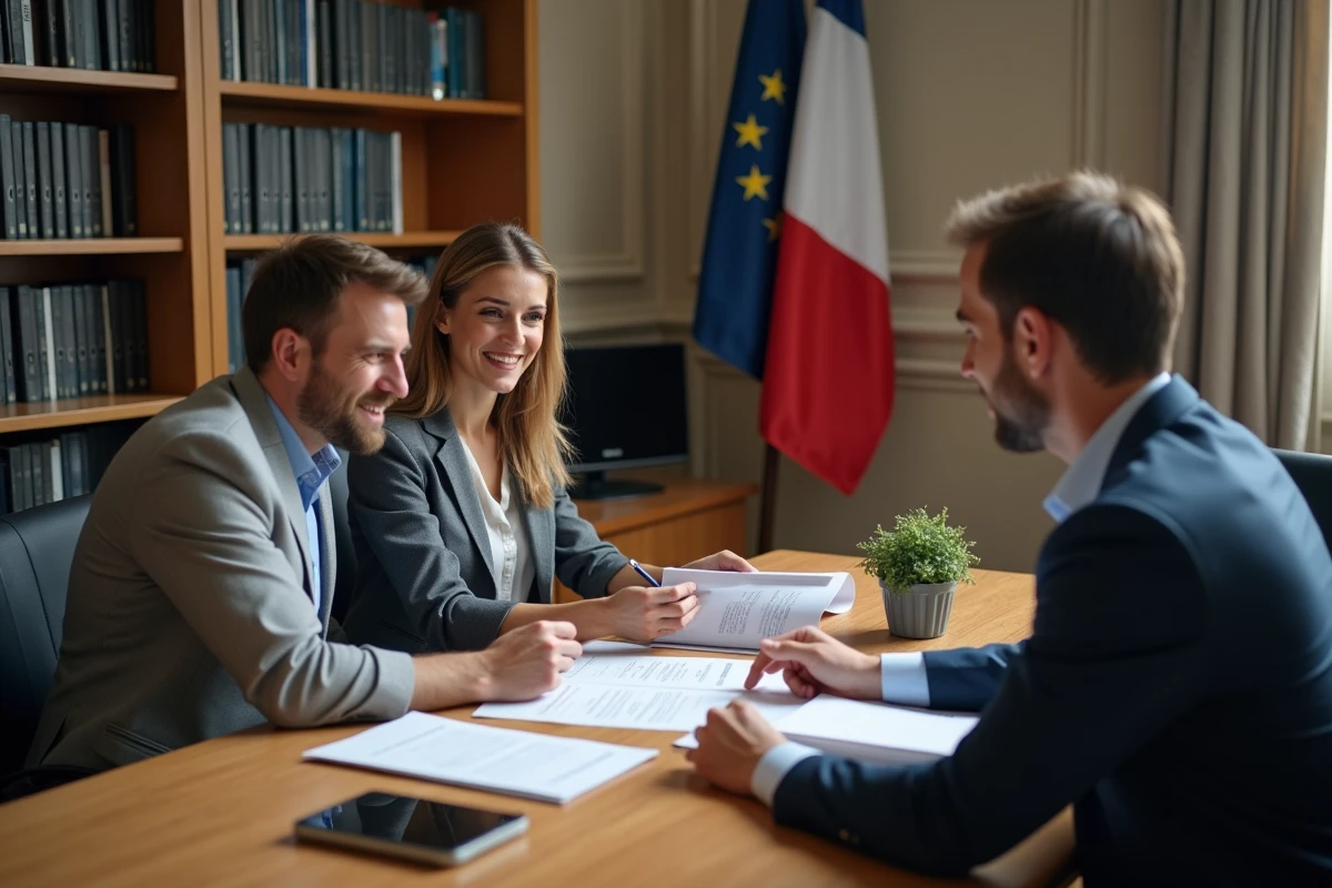 Deux citoyens en réunion avec un élu municipal pour discuter d'une demande de terrain communal