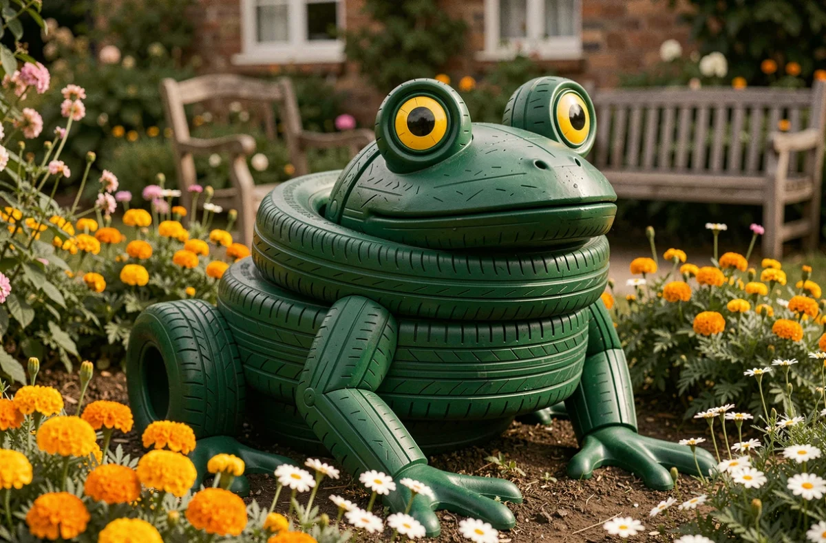 Sculpture de grenouille de jardin fabriquée à partir de pneus de différentes tailles peints en vert mat avec des détails jaunes, posée dans un massif de fleurs
