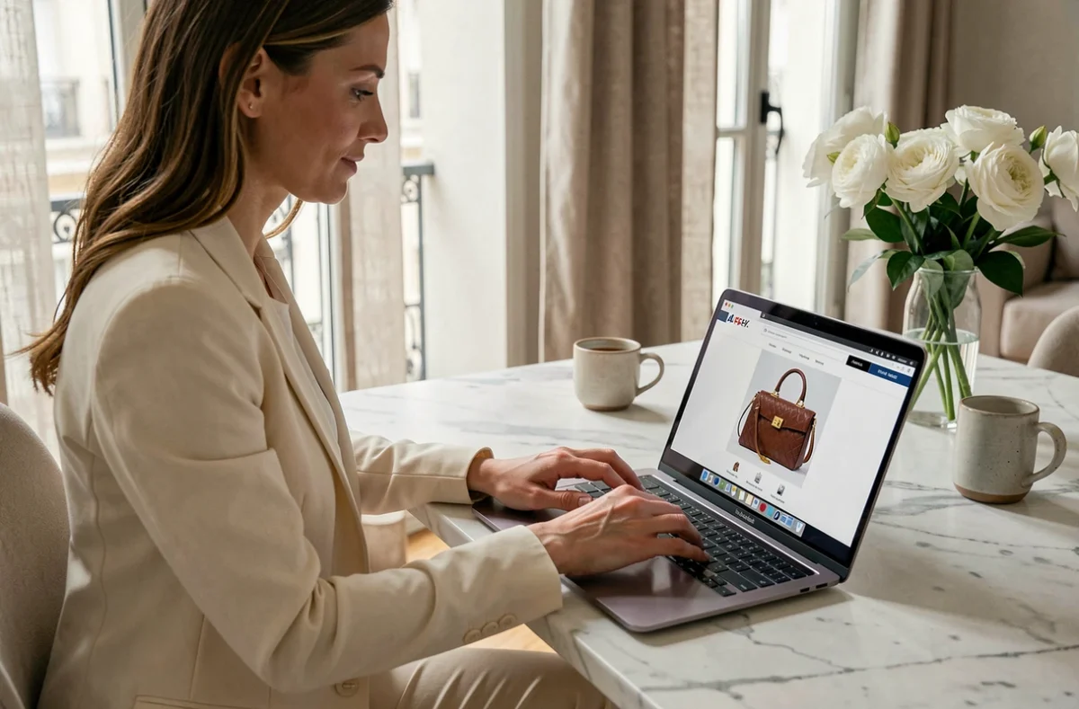 Femme élégante faisant du shopping de luxe en ligne sur son laptop dans un appartement parisien moderne