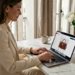 Femme élégante faisant du shopping de luxe en ligne sur son laptop dans un appartement parisien moderne