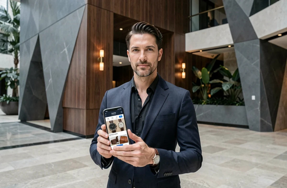 Homme en costume navy naviguant sur une boutique de luxe en ligne depuis son smartphone dans un hôtel haut de gamme