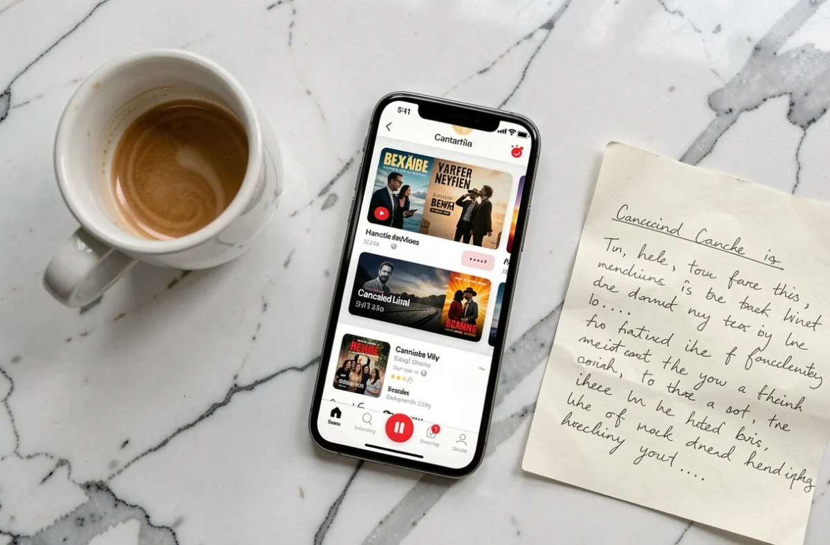 Vue de dessus d'un smartphone sur marbre blanc affichant une application de streaming, illustrant l'annulation de la série White Lines sur Netflix