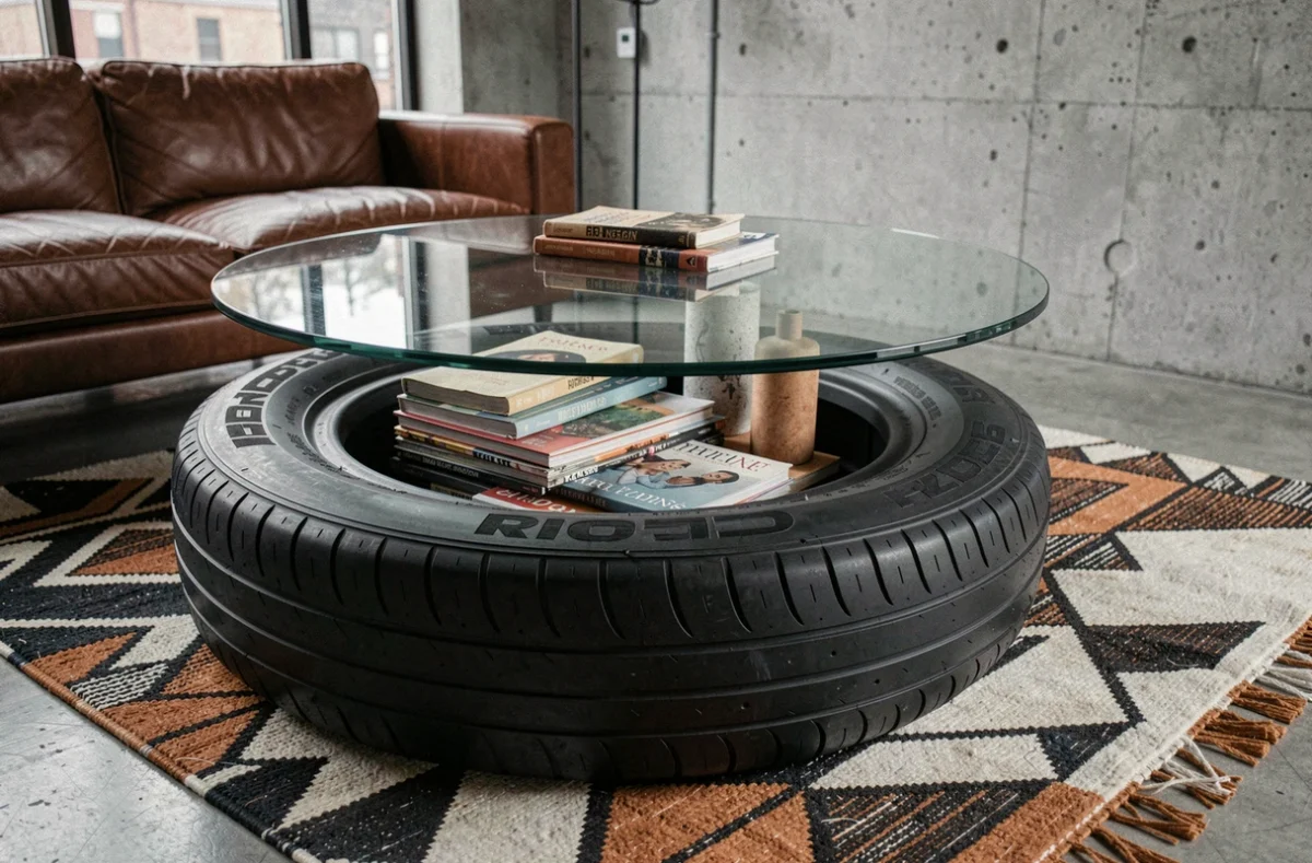 Table basse industrielle fabriquée à partir d'un pneu peint en noir mat avec un plateau en verre trempé transparent dans un salon moderne