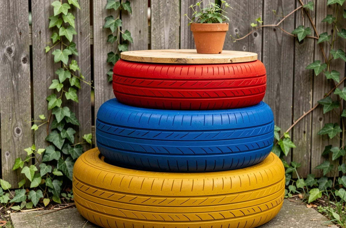 Trois tabourets empilables fabriqués avec des pneus peints en rouge, bleu cobalt et jaune moutarde avec des assises en bois vissées, empilés dans un jardin
