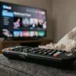 Télécommande posée sur un canapé devant un écran Netflix en arrière-plan flou, illustrant la fin d'une série annulée