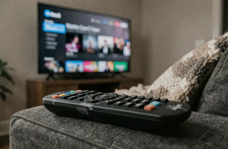 Télécommande posée sur un canapé devant un écran Netflix en arrière-plan flou, illustrant la fin d'une série annulée
