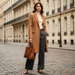 Femme élégante en manteau camel et pantalon large dans une rue parisienne, style mode moderne automne-hiver