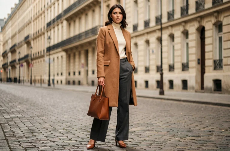 Femme élégante en manteau camel et pantalon large dans une rue parisienne, style mode moderne automne-hiver