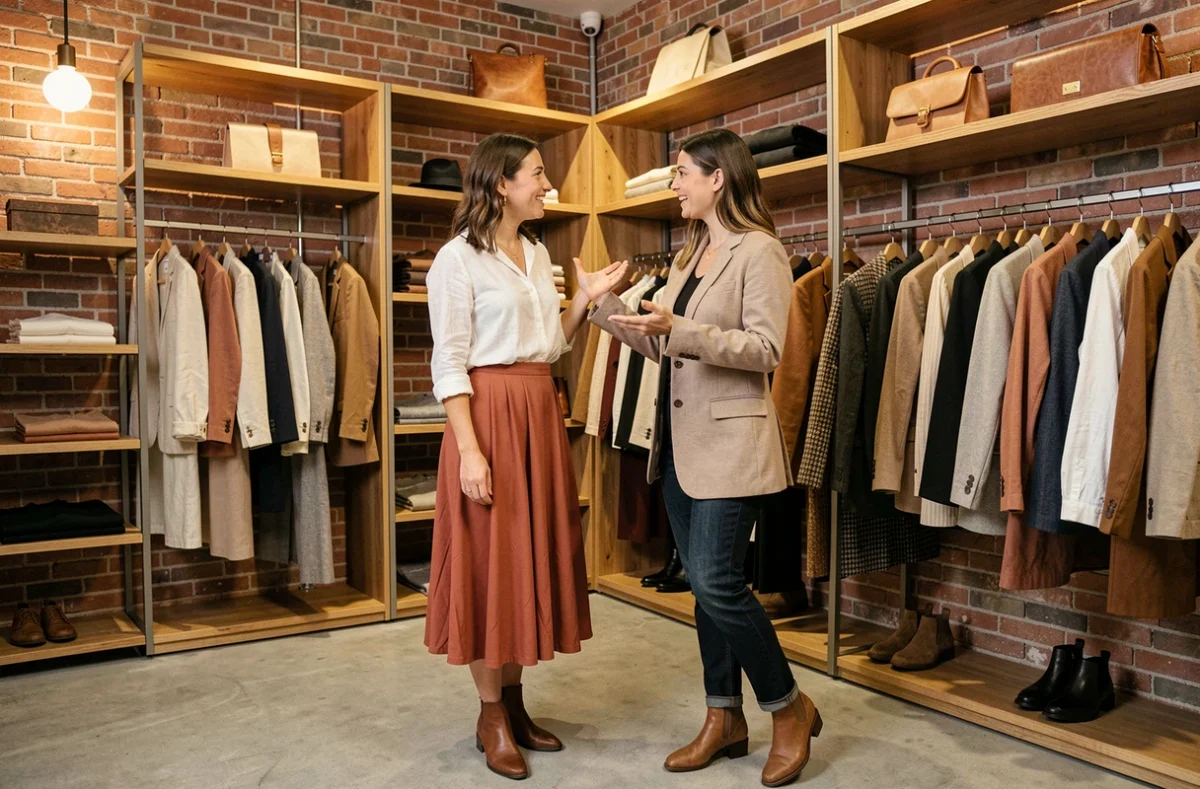 Deux femmes élégantes explorant des vêtements tendance dans une boutique de mode moderne aux murs en brique, styles automne contemporains
