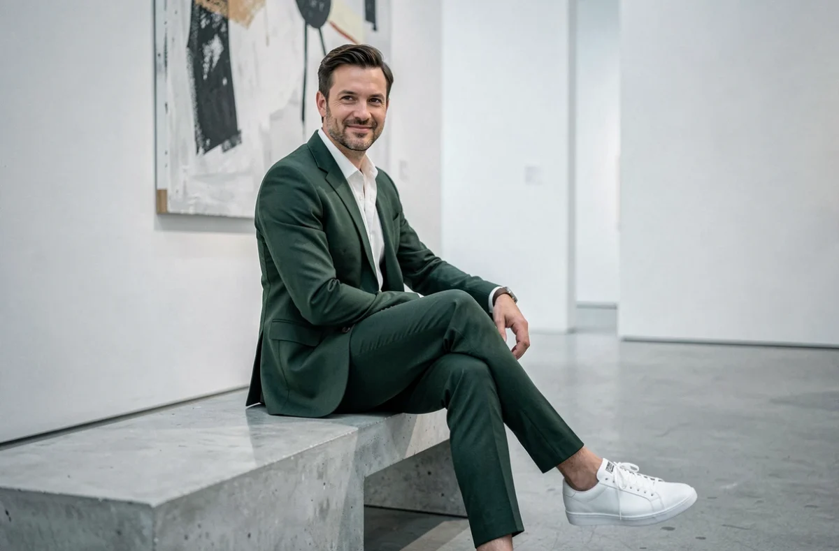 Homme en costume vert slim assis dans une galerie d'art contemporaine, tendance mode masculine élégante et décontractée